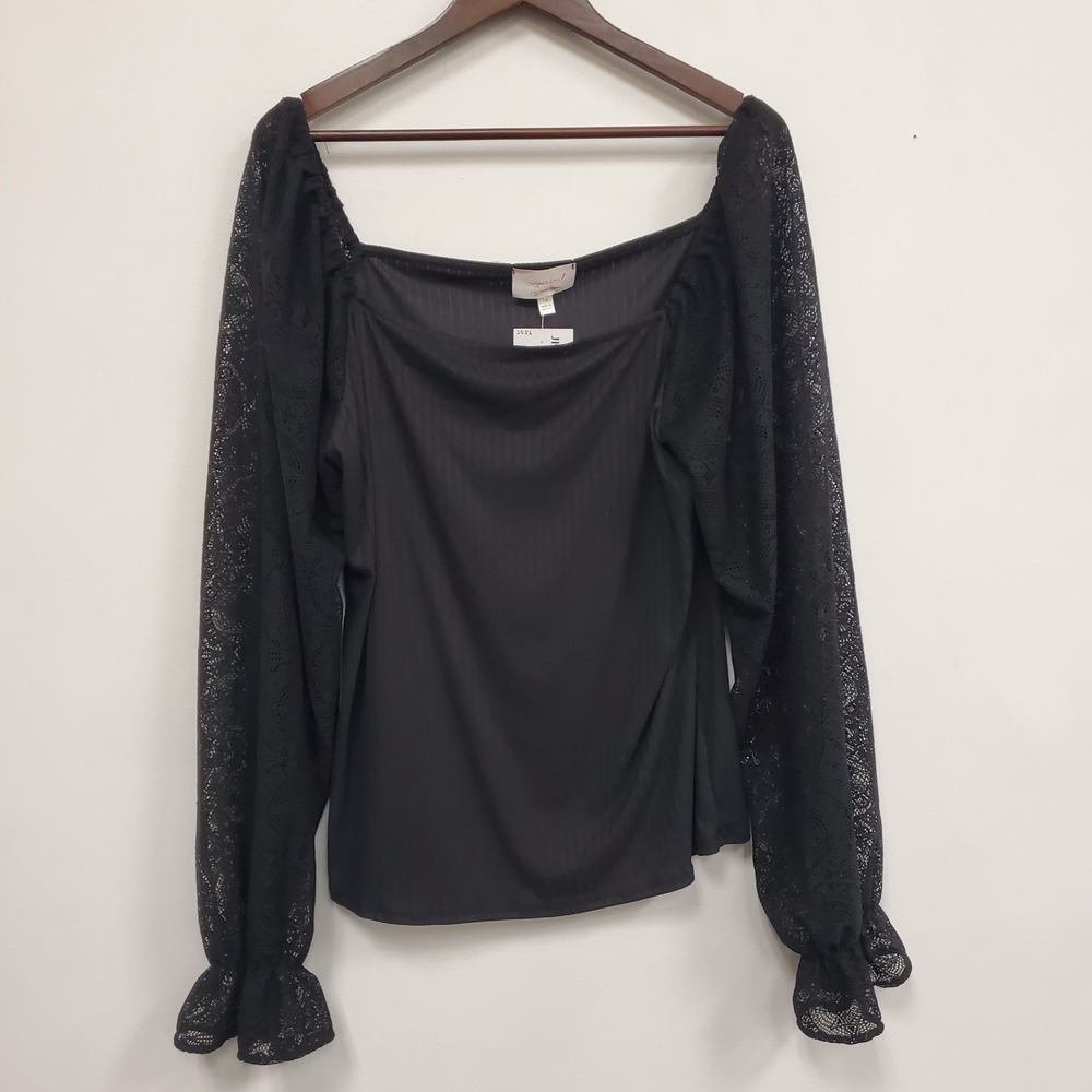 Sugar Fox Womens Witchy Whimsigoth Lace Sleeve Ribbed Top Size 3X Black Ruffle